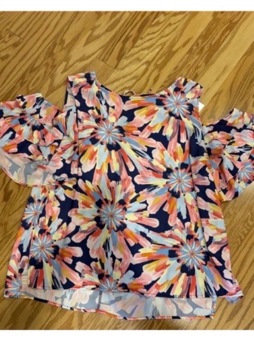 Staci Fratti Sweet Pea x NY&Co Floral Cold Shoulder Top Navy Pink Womens XL - Picture 11 of 11